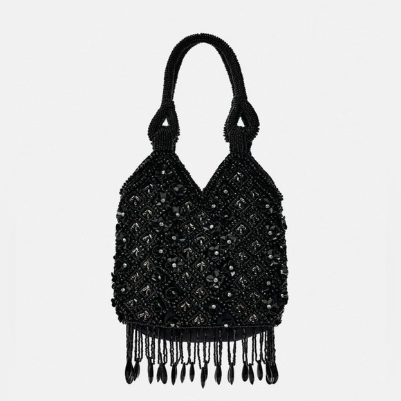 NWT. Zara Black Crossbody Bag with Fringing and Beads. - Picture 1 of 12